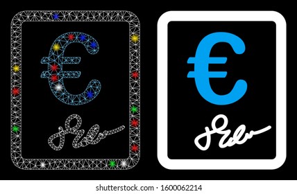 Glossy mesh Euro signed contract icon with glow effect. Abstract illuminated model of Euro signed contract. Shiny wire carcass triangular mesh Euro signed contract icon.