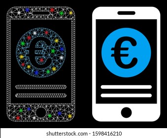 Glossy mesh Euro smartphone banking icon with lightspot effect. Abstract illuminated model of Euro smartphone banking. Shiny wire carcass triangular mesh Euro smartphone banking icon.