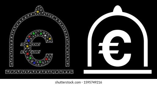 Glossy mesh Euro standard icon with glare effect. Abstract illuminated model of Euro standard. Shiny wire frame triangular mesh Euro standard icon. Vector abstraction on a black background.