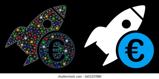 Glossy mesh Euro startup rocket icon with glare effect. Abstract illuminated model of Euro startup rocket. Shiny wire frame polygonal mesh Euro startup rocket icon.