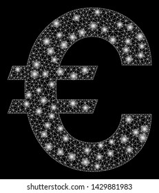Glossy mesh Euro symbol with glare effect. Abstract illuminated model of Euro symbol icon. Shiny wire carcass triangular mesh Euro symbol. Vector abstraction on a black background.