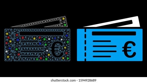 Glossy mesh Euro tickets icon with glare effect. Abstract illuminated model of Euro tickets. Shiny wire carcass polygonal mesh Euro tickets icon. Vector abstraction on a black background.