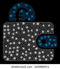 Glossy mesh Euro wallet with glare effect. Abstract illuminated model of Euro wallet icon. Shiny wire frame polygonal mesh Euro wallet. Vector abstraction on a black background.