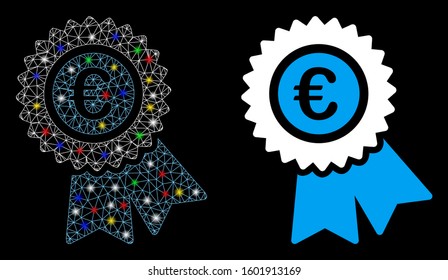 Glossy mesh Euro warranty icon with glitter effect. Abstract illuminated model of Euro warranty. Shiny wire carcass triangular network Euro warranty icon. Vector abstraction on a black background.