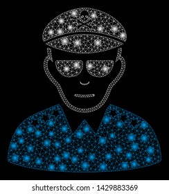 Glossy mesh evil army general with glare effect. Abstract illuminated model of evil army general icon. Shiny wire frame triangular mesh evil army general. Vector abstraction on a black background.