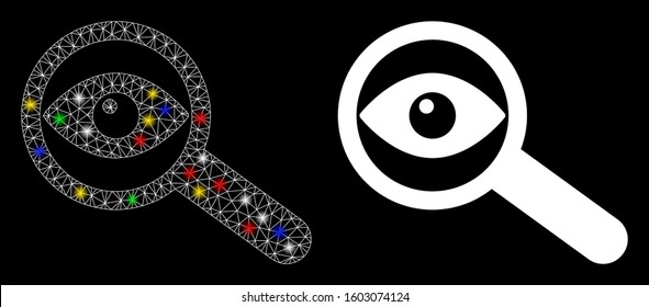 Glossy mesh examine eye icon with sparkle effect. Abstract illuminated model of examine eye. Shiny wire carcass triangular mesh examine eye icon. Vector abstraction on a black background.