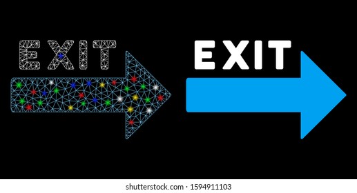 Glossy mesh exit arrow icon with lightspot effect. Abstract illuminated model of exit arrow. Shiny wire carcass polygonal mesh exit arrow icon. Vector abstraction on a black background.