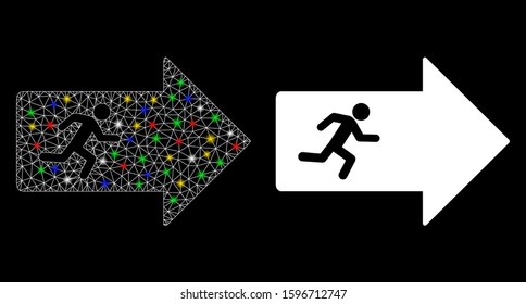 Glossy mesh exit arrow icon with glare effect. Abstract illuminated model of exit arrow. Shiny wire carcass polygonal mesh exit arrow icon. Vector abstraction on a black background.
