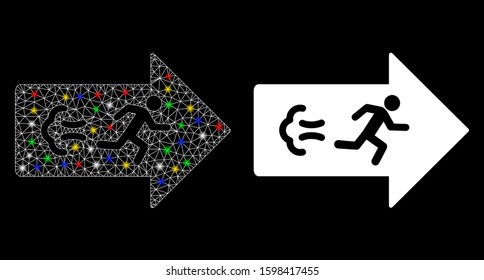Glossy mesh exit direction icon with glare effect. Abstract illuminated model of exit direction. Shiny wire frame triangular mesh exit direction icon. Vector abstraction on a black background.