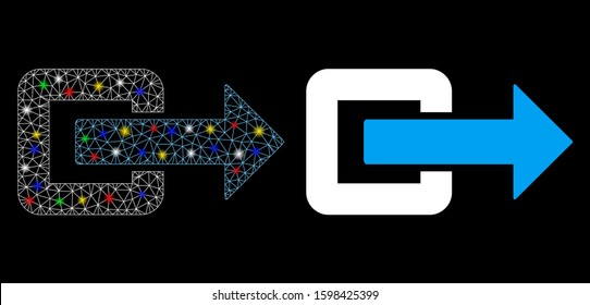 Glossy mesh exit direction icon with sparkle effect. Abstract illuminated model of exit direction. Shiny wire carcass triangular mesh exit direction icon. Vector abstraction on a black background.