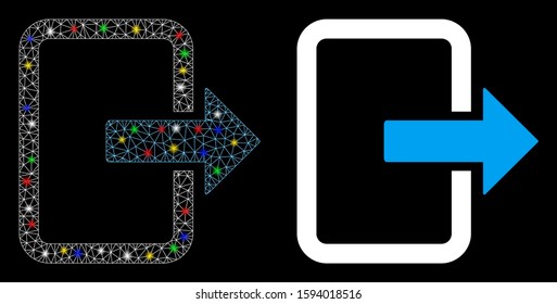 Glossy mesh exit door icon with lightspot effect. Abstract illuminated model of exit door. Shiny wire carcass polygonal mesh exit door icon. Vector abstraction on a black background.