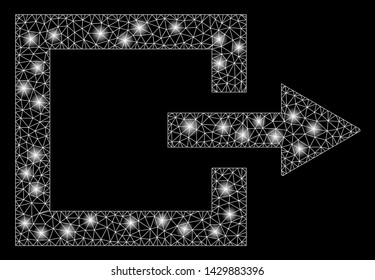 Glossy mesh exit with lightspot effect. Abstract illuminated model of exit icon. Shiny wire carcass polygonal mesh exit. Vector abstraction on a black background.