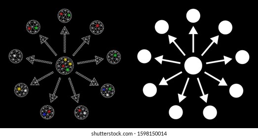 Glossy mesh expanse icon with glow effect. Abstract illuminated model of expanse. Shiny wire frame triangular mesh expanse icon. Vector abstraction on a black background.