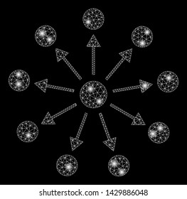 Glossy mesh expanse with sparkle effect. Abstract illuminated model of expanse icon. Shiny wire frame polygonal network expanse. Vector abstraction on a black background.