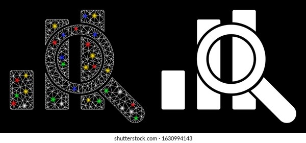 Glossy mesh explore graphics icon with glow effect. Abstract illuminated model of explore graphics. Shiny wire carcass triangular mesh explore graphics icon. Vector abstraction on a black background.