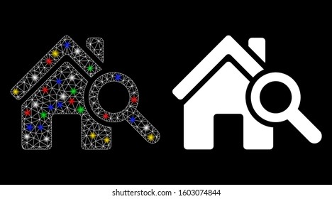 Glossy mesh explore house icon with glare effect. Abstract illuminated model of explore house. Shiny wire carcass polygonal mesh explore house icon. Vector abstraction on a black background.