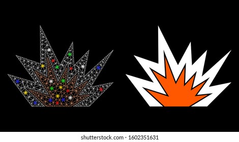 Glossy mesh explosion boom icon with glare effect. Abstract illuminated model of explosion boom. Shiny wire carcass polygonal mesh explosion boom icon. Vector abstraction on a black background.
