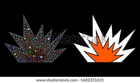 Glossy mesh explosion boom icon with glare effect. Abstract illuminated model of explosion boom. Shiny wire carcass polygonal mesh explosion boom icon. Vector abstraction on a black background.