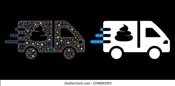 Glossy mesh express manure delivery icon with lightspot effect. Abstract illuminated model of express manure delivery. Shiny wire carcass polygonal mesh express manure delivery icon.