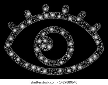 Glossy mesh eye with glare effect. Abstract illuminated model of eye icon. Shiny wire frame triangular network eye. Vector abstraction on a black background.
