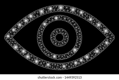 Glossy mesh eye with glare effect. Abstract illuminated model of eye icon. Shiny wire carcass triangular network eye. Vector abstraction on a black background.