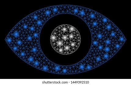 Glossy mesh eye with glow effect. Abstract illuminated model of eye icon. Shiny wire carcass triangular mesh eye. Vector abstraction on a black background.