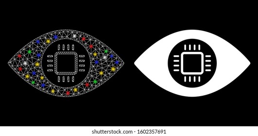 Glossy mesh eye lens processor icon with lightspot effect. Abstract illuminated model of eye lens processor. Shiny wire frame polygonal mesh eye lens processor icon.