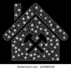 Glossy mesh factory with lightspot effect. Abstract illuminated model of factory icon. Shiny wire frame polygonal mesh factory. Vector abstraction on a black background.