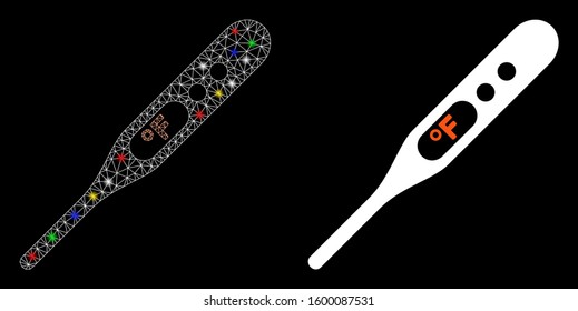Glossy mesh fahrenheit thermometer icon with glitter effect. Abstract illuminated model of fahrenheit thermometer. Shiny wire frame triangular mesh fahrenheit thermometer icon.