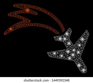 Glossy mesh falling airplane with glitter effect. Abstract illuminated model of falling airplane icon. Shiny wire frame triangular mesh falling airplane. Vector abstraction on a black background.