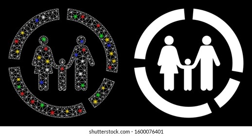 Glossy mesh family diagram icon with glitter effect. Abstract illuminated model of family diagram. Shiny wire carcass triangular mesh family diagram icon. Vector abstraction on a black background.