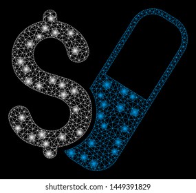 Glossy mesh farma business with glare effect. Abstract illuminated model of farma business icon. Shiny wire carcass polygonal mesh farma business. Vector abstraction on a black background.