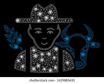 Glossy mesh farmer with glow effect. Abstract illuminated model of farmer icon. Shiny wire carcass triangular mesh farmer. Vector abstraction on a black background.