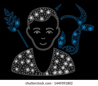 Glossy mesh farmer with glow effect. Abstract illuminated model of farmer icon. Shiny wire carcass triangular mesh farmer. Vector abstraction on a black background.