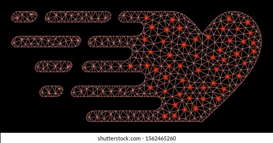 Glossy mesh fast love with sparkle effect. Abstract illuminated model of fast love icon. Shiny wire carcass triangular mesh fast love. Vector abstraction on a black background.