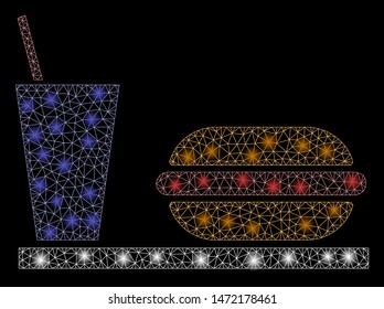Glossy mesh fastfood with glow effect. Abstract illuminated model of fastfood icon. Shiny wire carcass triangular mesh fastfood. Vector abstraction on a black background.