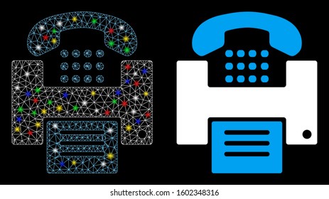 Glossy mesh fax icon with glitter effect. Abstract illuminated model of fax. Shiny wire frame triangular mesh fax icon. Vector abstraction on a black background.