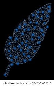 Glossy mesh feather with lightspot effect. Abstract illuminated model of feather icon. Shiny wire frame polygonal mesh feather. Vector abstraction on a black background.
