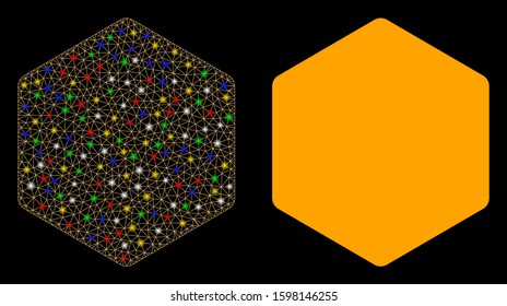Glossy mesh filled hexagon icon with glitter effect. Abstract illuminated model of filled hexagon. Shiny wire carcass triangular mesh filled hexagon icon. Vector abstraction on a black background.