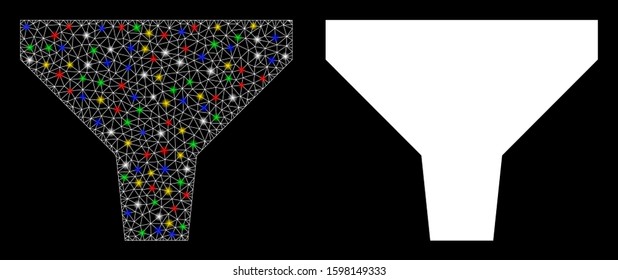 Glossy mesh filter icon with glare effect. Abstract illuminated model of filter. Shiny wire carcass triangular mesh filter icon. Vector abstraction on a black background.