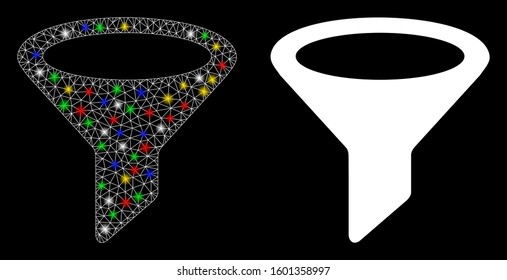 Glossy mesh filter icon with glare effect. Abstract illuminated model of filter. Shiny wire carcass polygonal network filter icon. Vector abstraction on a black background.