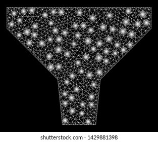 Glossy mesh filter with lightspot effect. Abstract illuminated model of filter icon. Shiny wire frame triangular mesh filter. Vector abstraction on a black background.