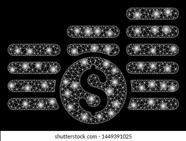 Glossy mesh finances with glitter effect. Abstract illuminated model of finances icon. Shiny wire carcass triangular mesh finances. Vector abstraction on a black background.