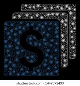 Glossy mesh finances with lightspot effect. Abstract illuminated model of finances icon. Shiny wire frame triangular mesh finances. Vector abstraction on a black background.