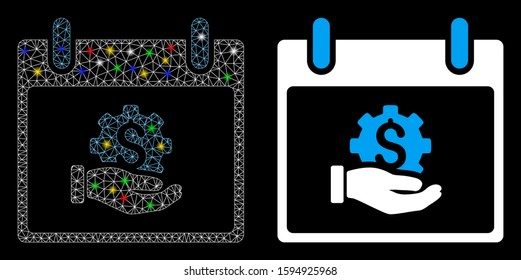 Glossy mesh financial development hand calendar day icon with glare effect. Abstract illuminated model of financial development hand calendar day.
