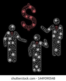 Glossy mesh financial discussion businessmen persons with lightspot effect. Abstract illuminated model of financial discussion businessmen persons icon.