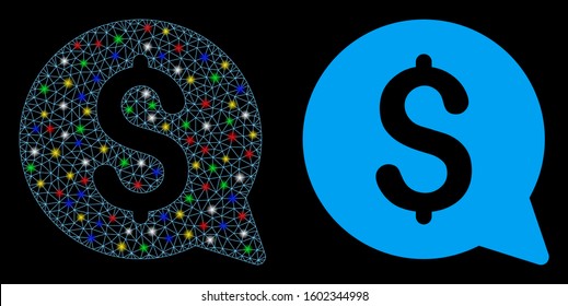 Glossy mesh financial message icon with glitter effect. Abstract illuminated model of financial message. Shiny wire frame triangular mesh financial message icon.