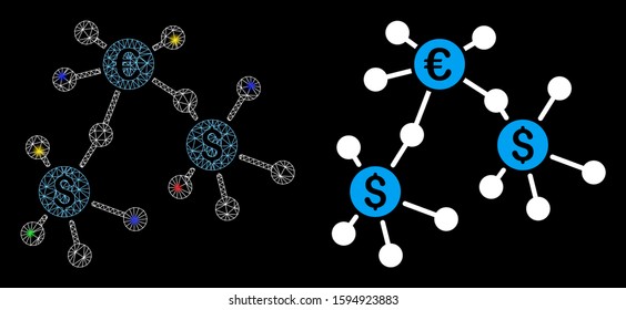 Glossy mesh financial networks icon with glitter effect. Abstract illuminated model of financial networks. Shiny wire frame polygonal mesh financial networks icon.