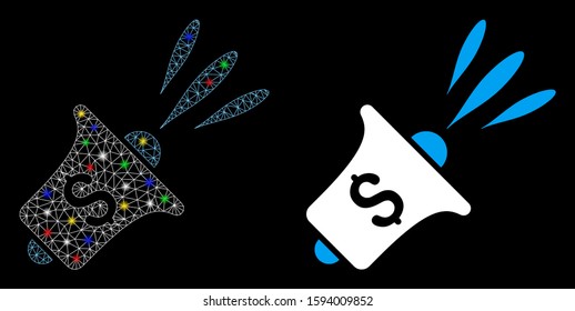 Glossy mesh financial news rupor icon with glare effect. Abstract illuminated model of financial news rupor. Shiny wire carcass triangular mesh financial news rupor icon.