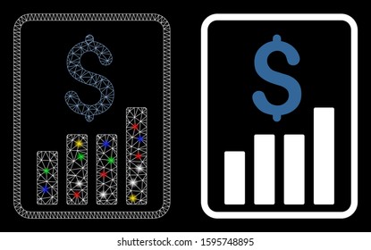 Glossy mesh financial report icon with glare effect. Abstract illuminated model of financial report. Shiny wire frame triangular mesh financial report icon. Vector abstraction on a black background.